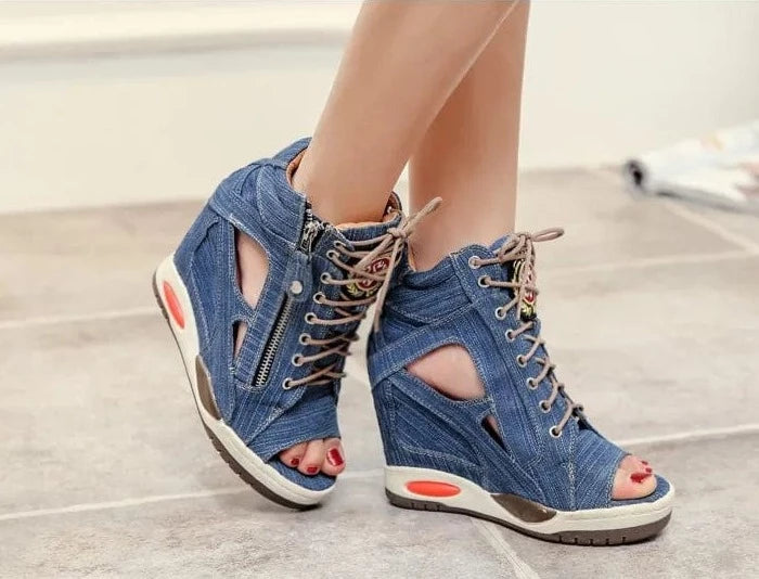 Lydia Denim Wedge Heel Sandals