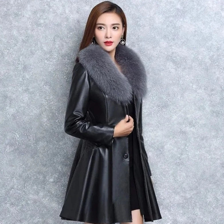 Claire Leather Fur Collar Coat
