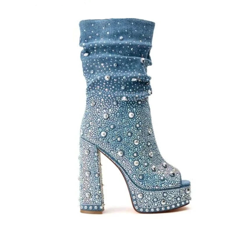 Super Star Denim Square Heel Peep Toe Pumps