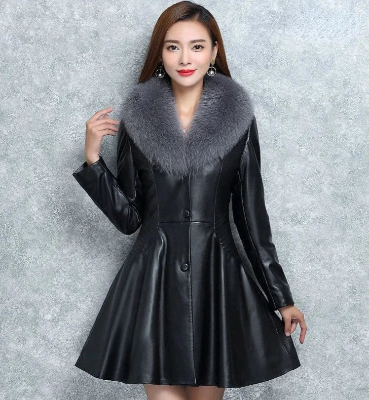 Claire Leather Fur Collar Coat