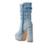 Super Star Denim Square Heel Peep Toe Pumps