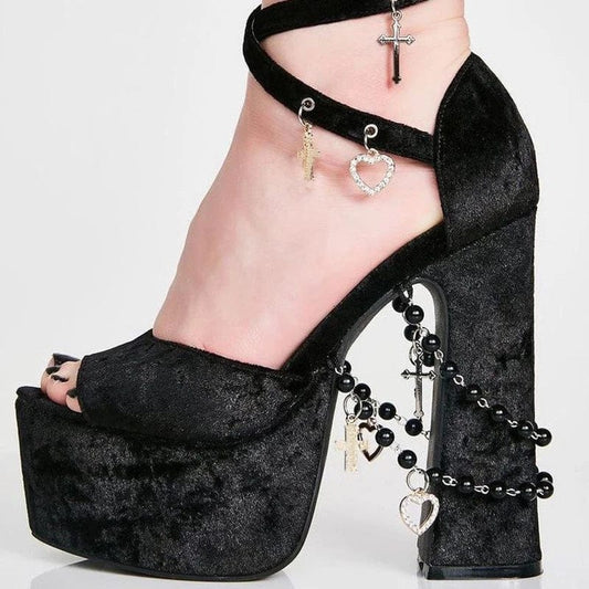 Dark Cross Chains Velvet High Heels