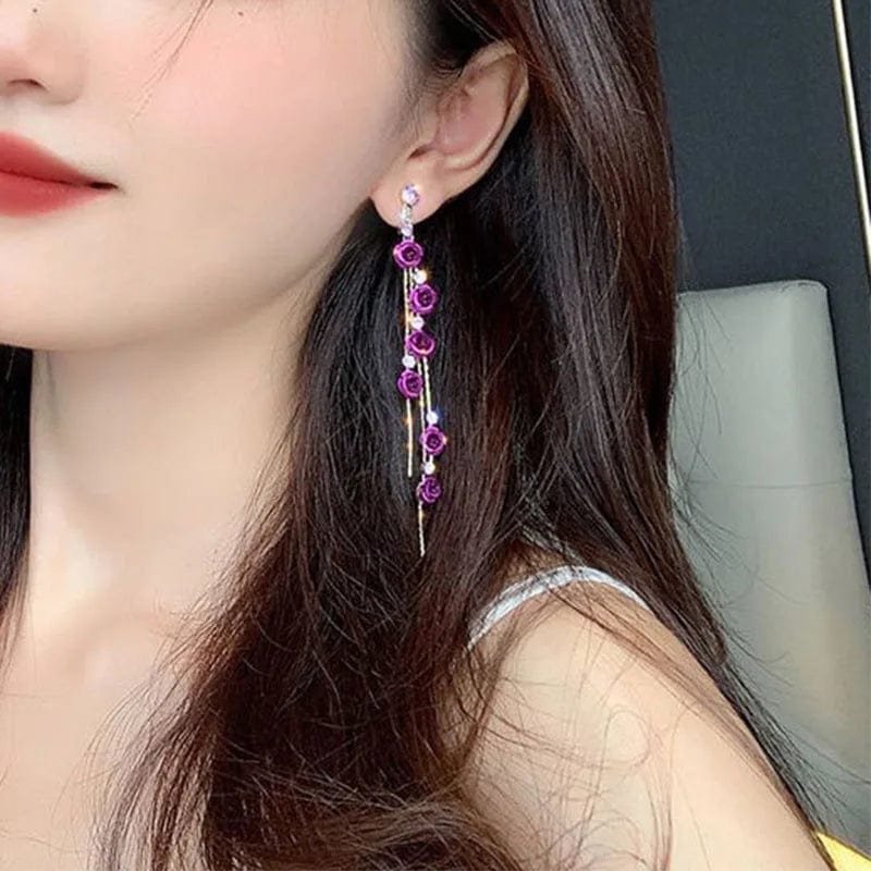 Rose Flower Long Tassel Earrings