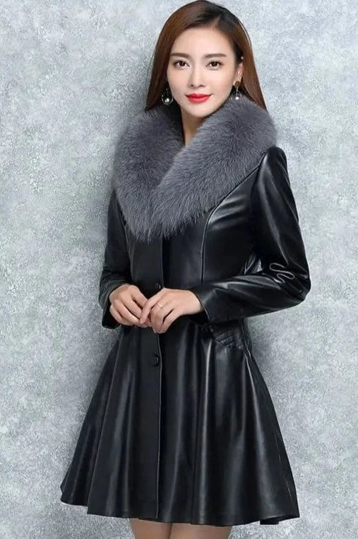 Claire Leather Fur Collar Coat