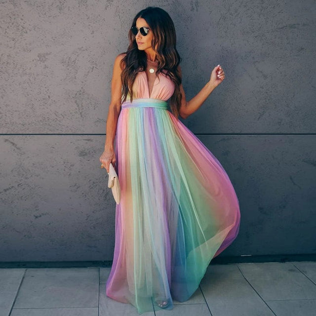 Deep V-neck Rainbow Dress - AMOROUSDRESS