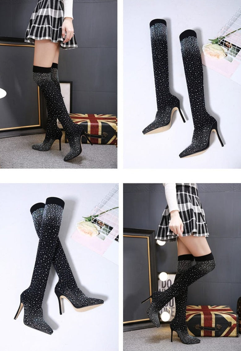 Crystal Stretch Over-the-Knee Heel Boots - AMOROUSDRESS