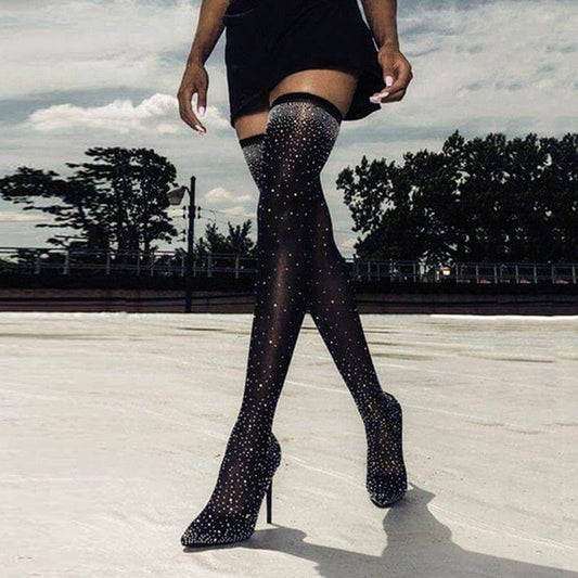 Crystal Stretch Over-the-Knee Heel Boots - AMOROUSDRESS