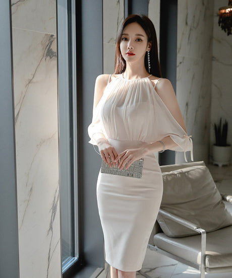 Elegant Voile Off the Shoulder Dress - AMOROUSDRESS