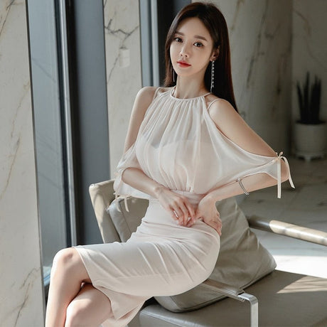 Elegant Voile Off the Shoulder Dress - AMOROUSDRESS