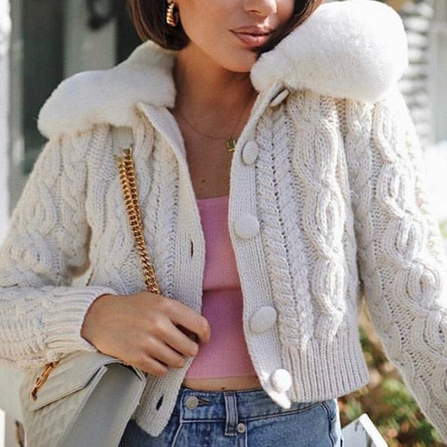 Fur Collar Knit Short Coat - AMOROUSDRESS
