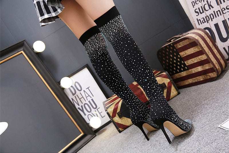 Crystal Stretch Over-the-Knee Heel Boots - AMOROUSDRESS