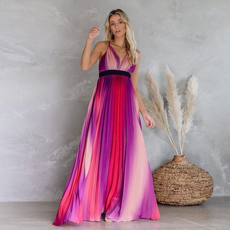 Deep V-neck Rainbow Dress - AMOROUSDRESS