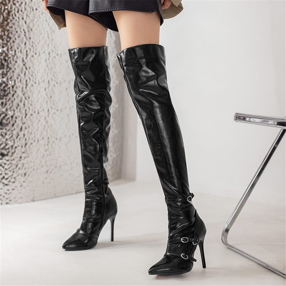 Donna Leather Over The Knee Boots - AMOROUSDRESS