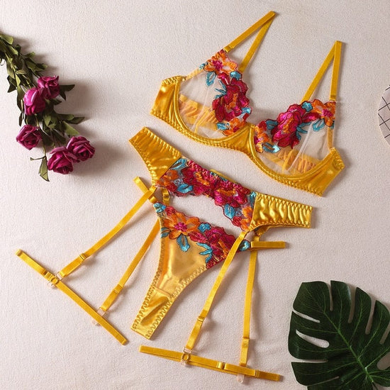 Floral Beauty Lingerie Set 3-Piece - AMOROUSDRESS