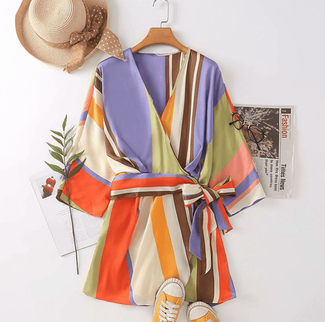 Stripe Satin Bowknot Romper - AMOROUSDRESS