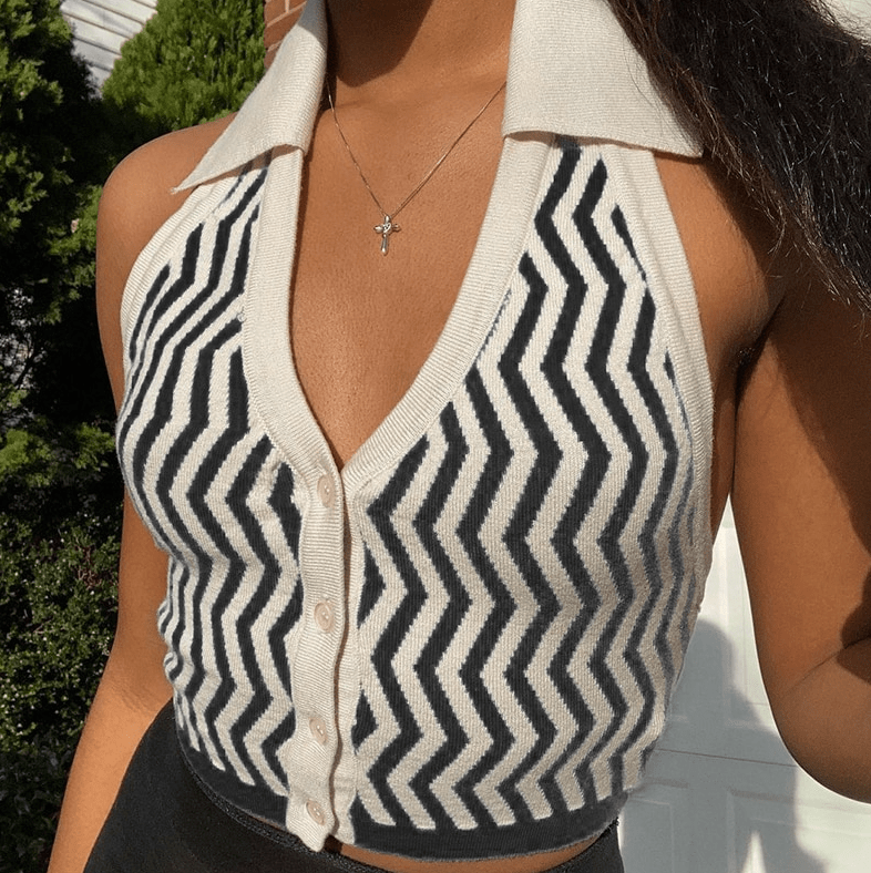 Striped Halter Knitted Vest Top - AMOROUSDRESS