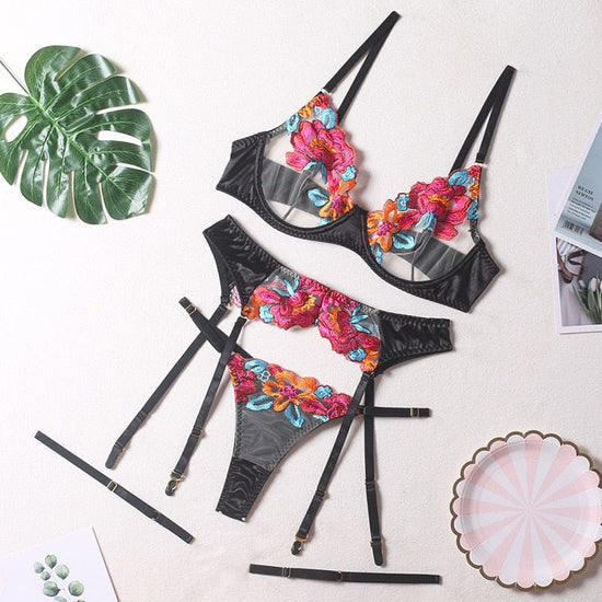 Floral Beauty Lingerie Set 3-Piece - AMOROUSDRESS