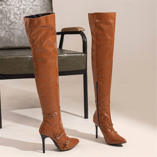 Donna Leather Over The Knee Boots - AMOROUSDRESS