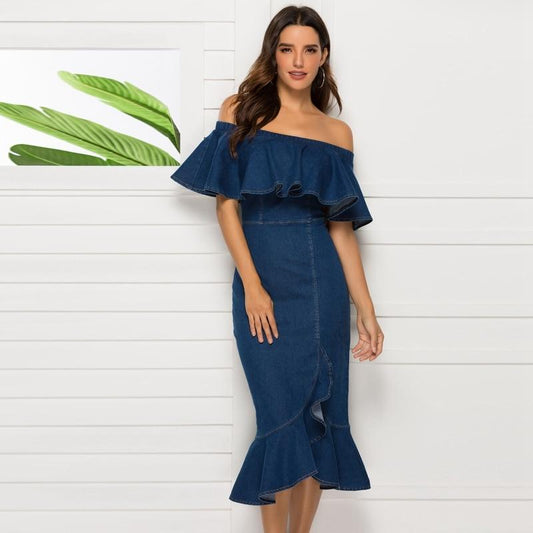 Dana Denim Off Shoulder Dress - AMOROUSDRESS