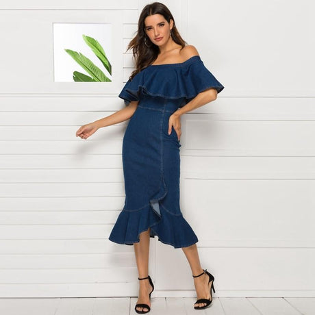 Dana Denim Off Shoulder Dress - AMOROUSDRESS