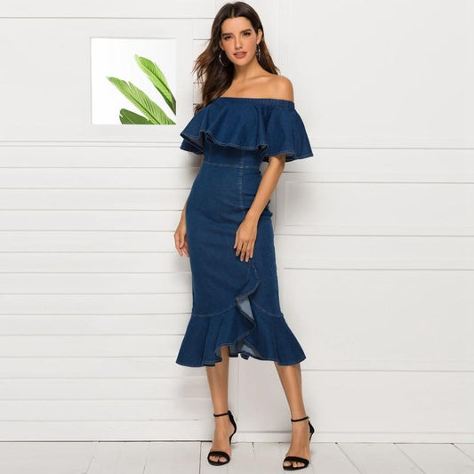 Dana Denim Off Shoulder Dress - AMOROUSDRESS