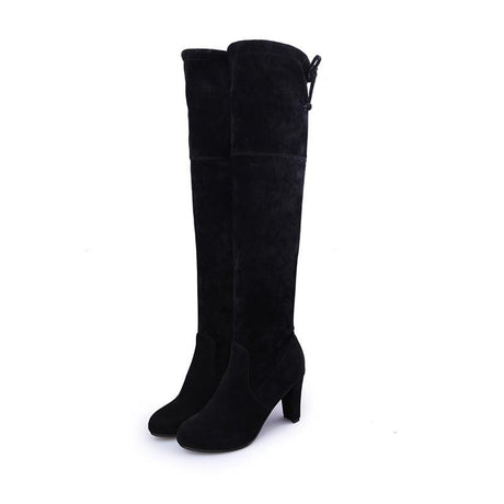 Plush Thigh High Heel Boots - AMOROUSDRESS