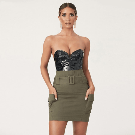 Strapless V Neck Leather Bodysuit - AMOROUSDRESS