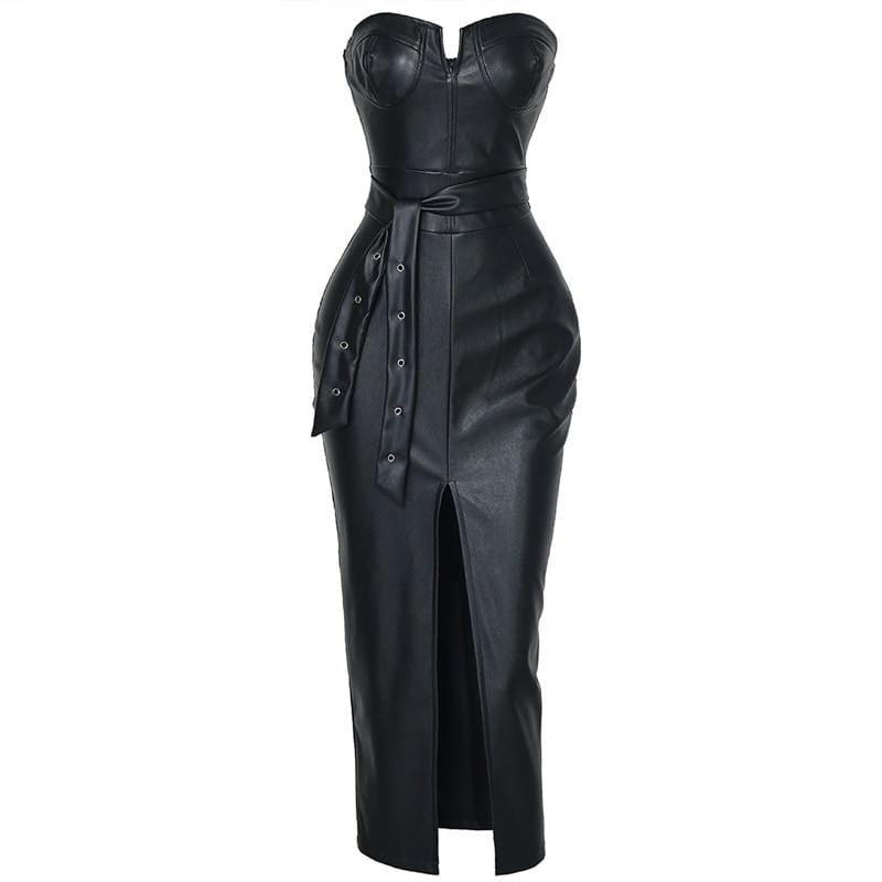 Solid Tube Slit Leather Dress - AMOROUSDRESS