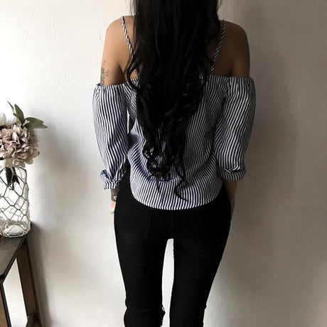 Cute Off Shoulder Button Blouse - AMOROUSDRESS