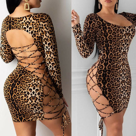 Backless Leopard Mini Dress - AMOROUSDRESS