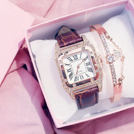 Diamond Leather Band Quartz Watch Sets - AMOROUSDRESS