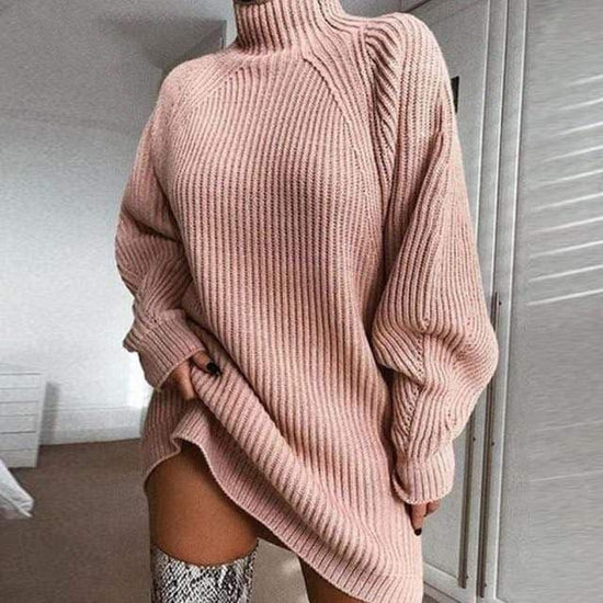 Turtleneck Long Sleeve Sweater Dress - AMOROUSDRESS