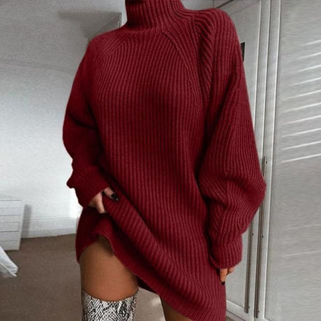 Turtleneck Long Sleeve Sweater Dress - AMOROUSDRESS