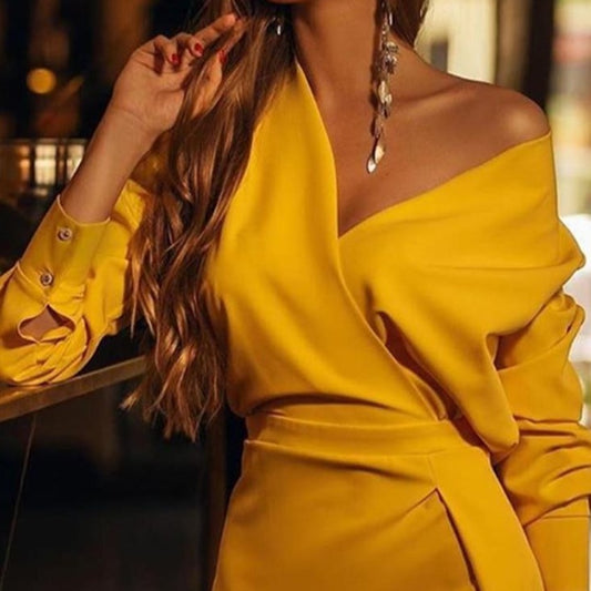 Solid V Neck Slit Dress Bodycon Dress - AMOROUSDRESS