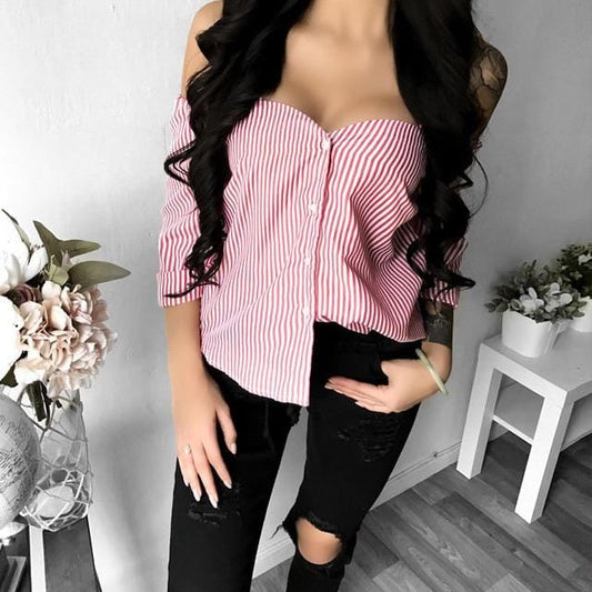 Cute Off Shoulder Button Blouse - AMOROUSDRESS