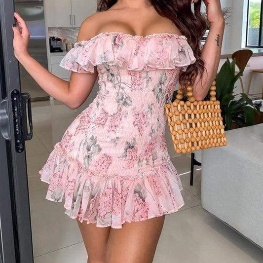 Sexy Floral Ruffles Off Shoulder Dress - AMOROUSDRESS