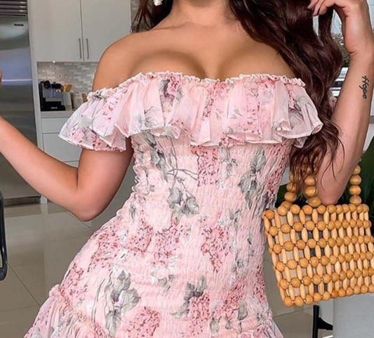 Sexy Floral Ruffles Off Shoulder Dress - AMOROUSDRESS