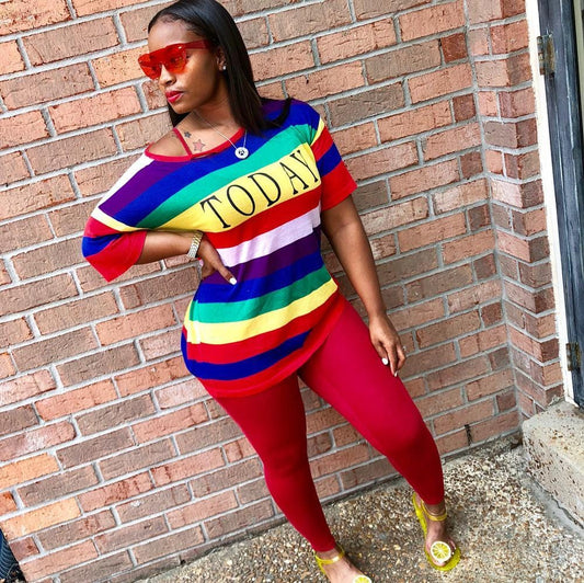 Rainbow Striped T-shirt Two Piece Set - AMOROUSDRESS