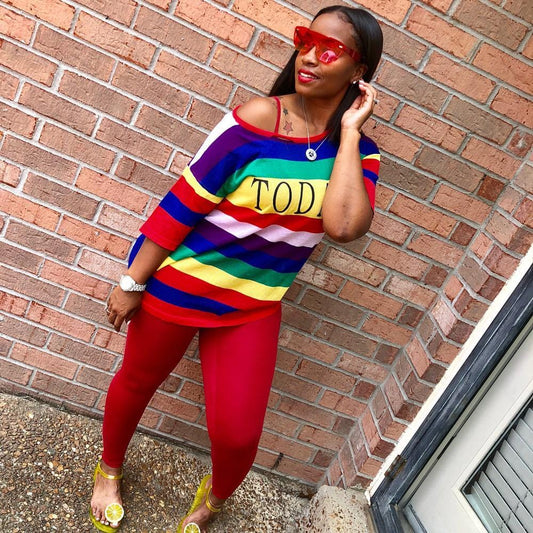 Rainbow Striped T-shirt Two Piece Set - AMOROUSDRESS