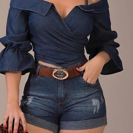 Flared Denim Puff Sleeve Blouse - AMOROUSDRESS