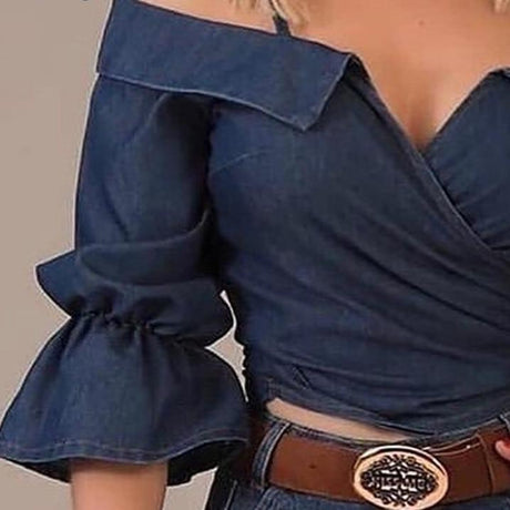 Flared Denim Puff Sleeve Blouse - AMOROUSDRESS