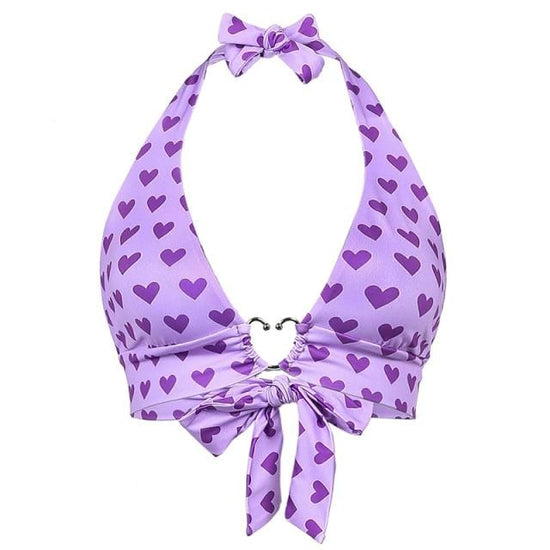 Heart Print Backless Halter Top - AMOROUSDRESS