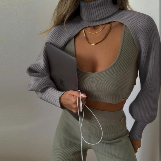 Knitted Turtleneck Crop Top Sweater - AMOROUSDRESS