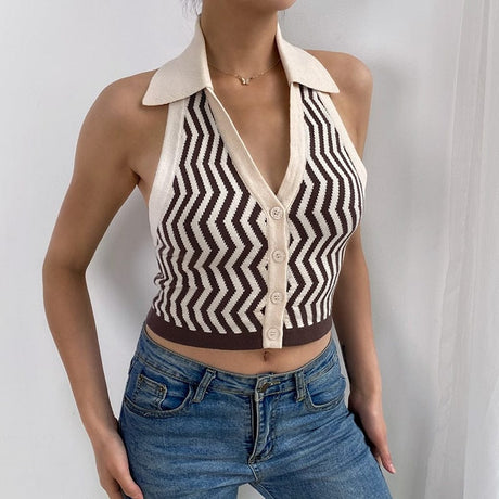 Striped Halter Knitted Vest Top - AMOROUSDRESS