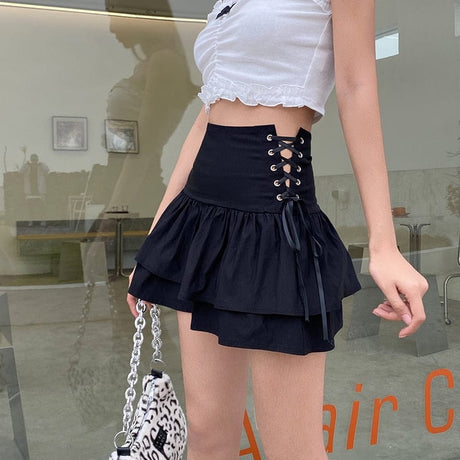 Aesthetic Lace Up Mini Skirt - AMOROUSDRESS