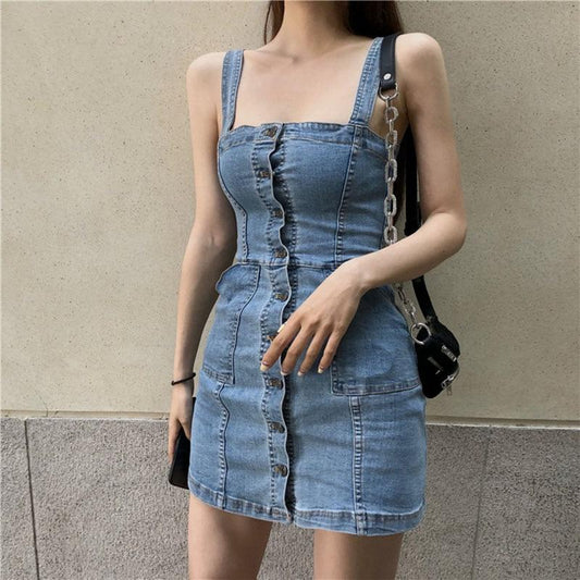 Lovely Button Denim Mini Dress - AMOROUSDRESS