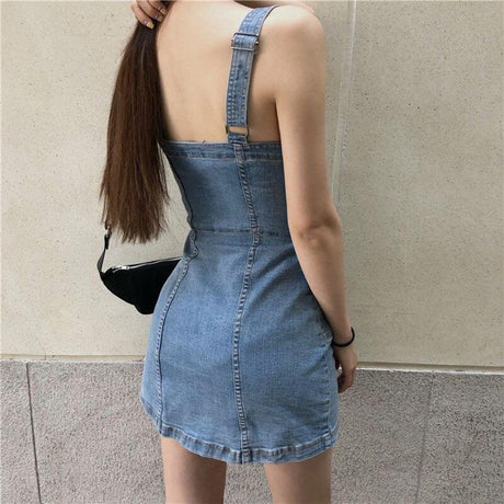 Lovely Button Denim Mini Dress - AMOROUSDRESS