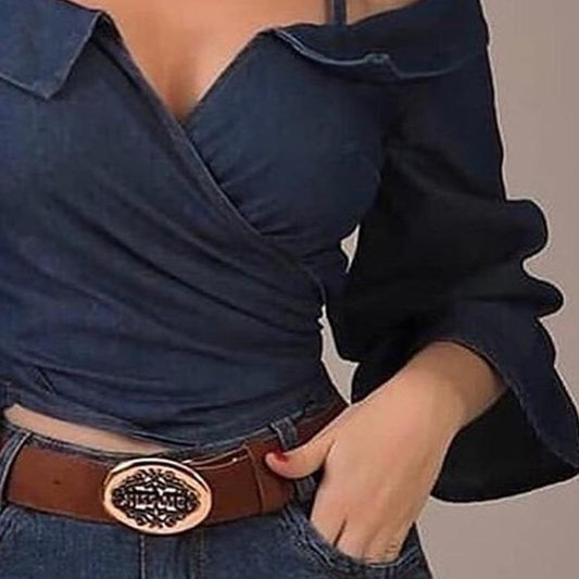 Flared Denim Puff Sleeve Blouse - AMOROUSDRESS