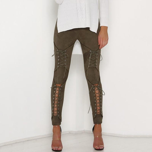 Lace Up Faux Suede Pants - AMOROUSDRESS