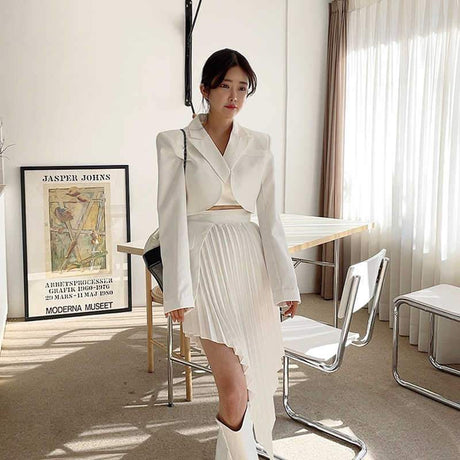 Elegant Blazer High Waist Irregular Hem Skirt Set - AMOROUSDRESS